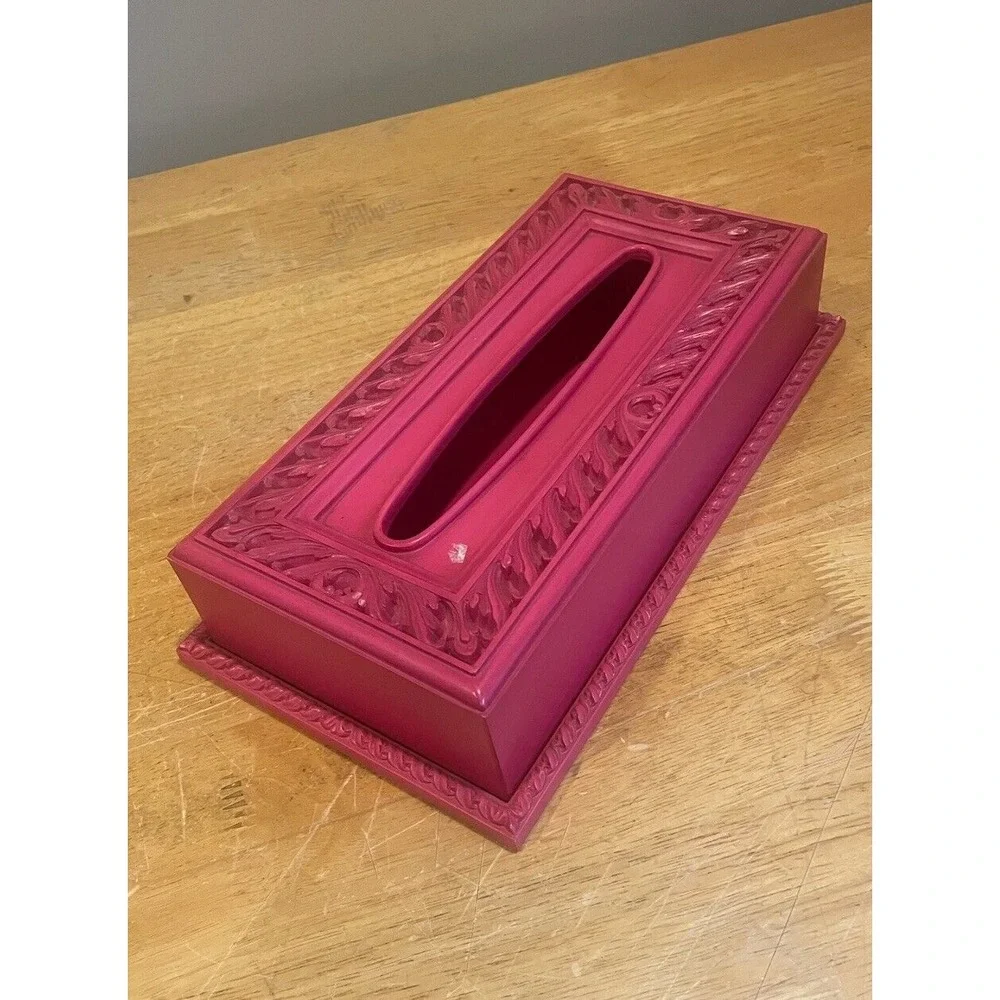 Vintage Syroco Plastic Pink Facial Tissue Box Holder Vanity Scroll Pattern